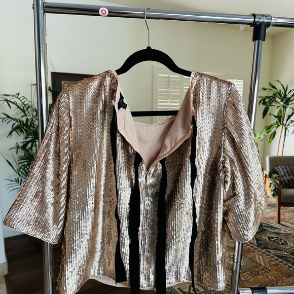 J. Crew Shimmering Gold Sequin Boxy Blouse Top w Black Ribbon Bow Ties Size 10 - Picture 9 of 11